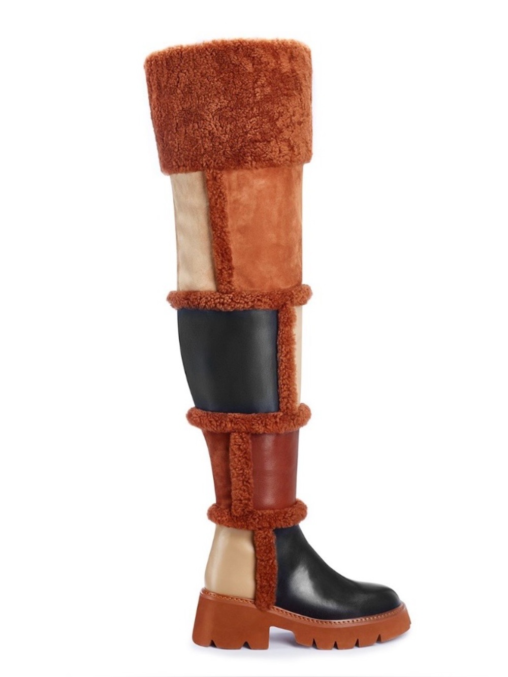 Jennifer Le Patchwork Suede x Leather x Shearling Patchwork Thigh High Boots